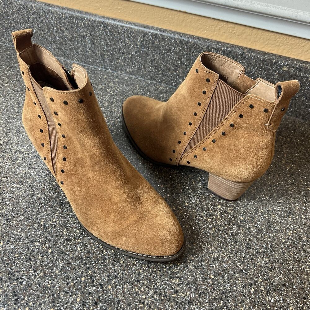 Vionic Rust/Tan Suede Ankle Bootie Zip Womens 7.5 Wide Block Heel Comfort Casual